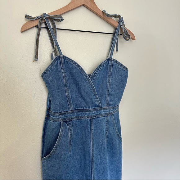 Bohemian Retro 70s Lucky Overall Tie Top Blue Raw Hem Denim Sleeveless Jumpsuit - Picture 2 of 7